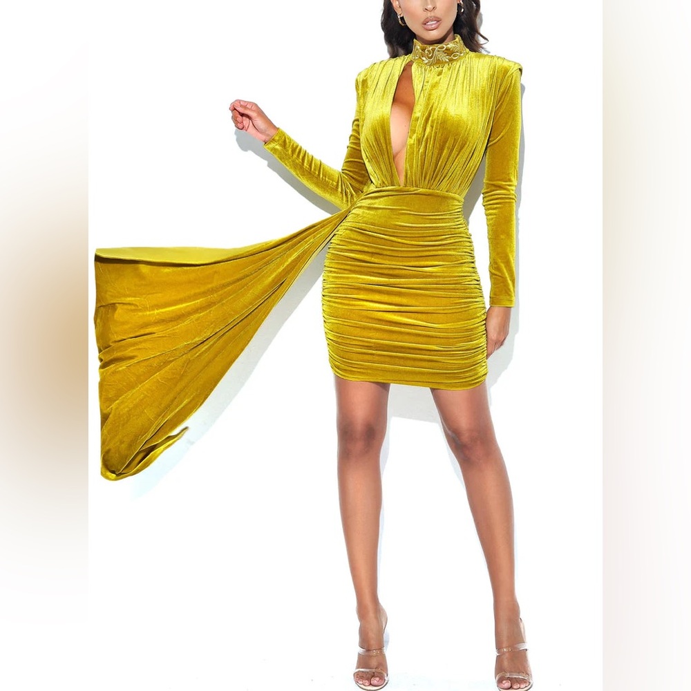 Miss Circle Gracyn Gold Cutout Lone Sleeve Draping Velvet Dress